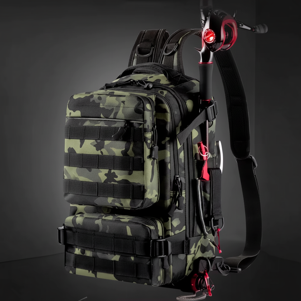 Fishing Tackle Backpack with Rod Holder & Multi-Pocket Storage