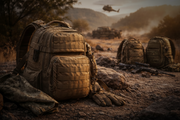 Tactical backpacks and gear on a desert battlefield with a helicopter in the background.